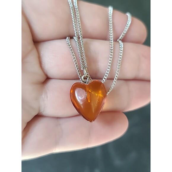 925 Sterling Silver Amber Heart Shaped Pendant Necklace Vintage, READ - Picture 1 of 10